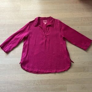 100% Linen Tunic Popover Blouse Top Collar Split Neck Pink Women's Large FLAW